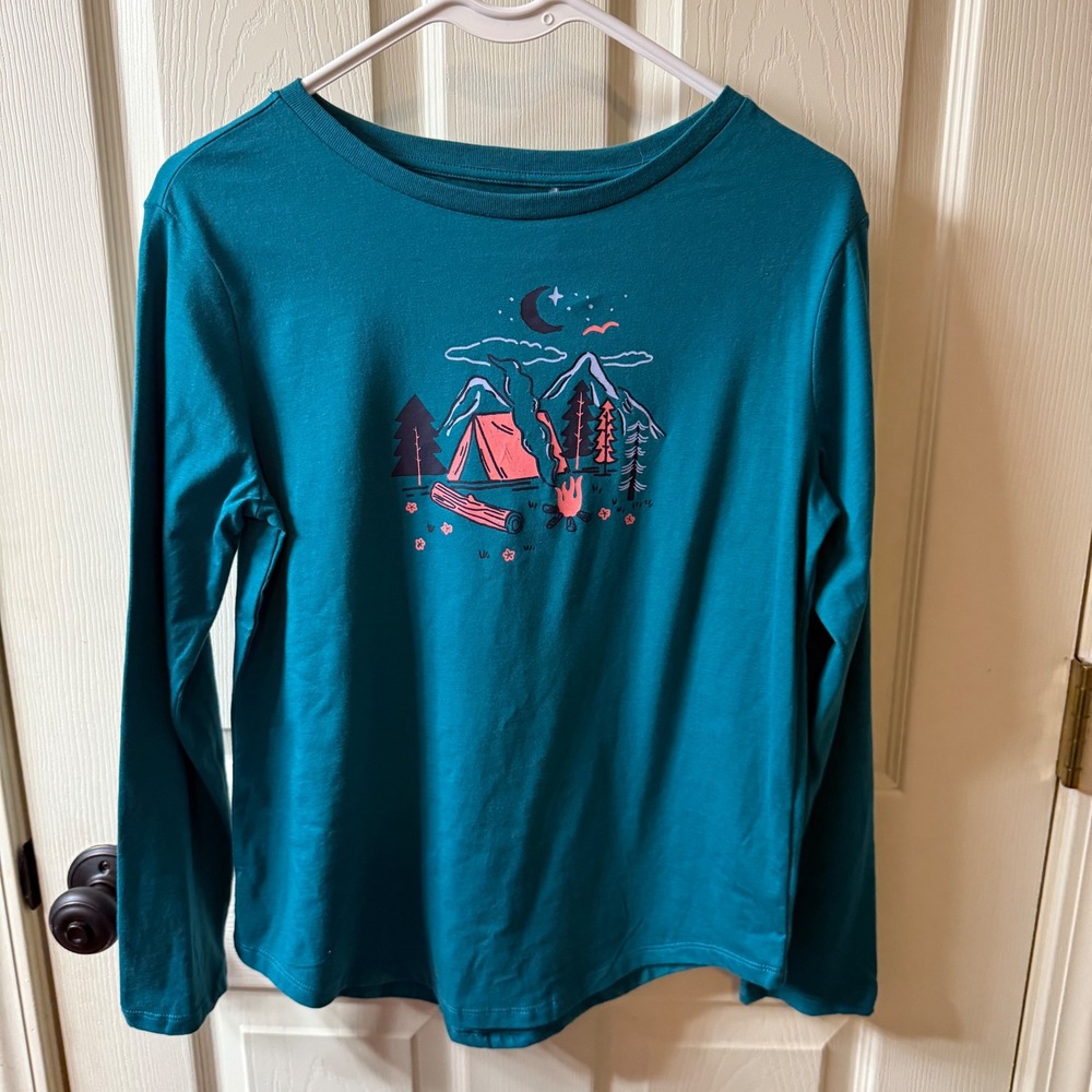 dip Kids Organic Cotton Long Sleeve Graphic Tee Camping Adventure‎ Size L 12-14